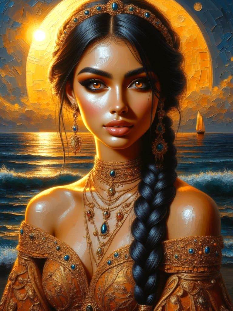 Cuban Goddess with Braided Hair at Sea
