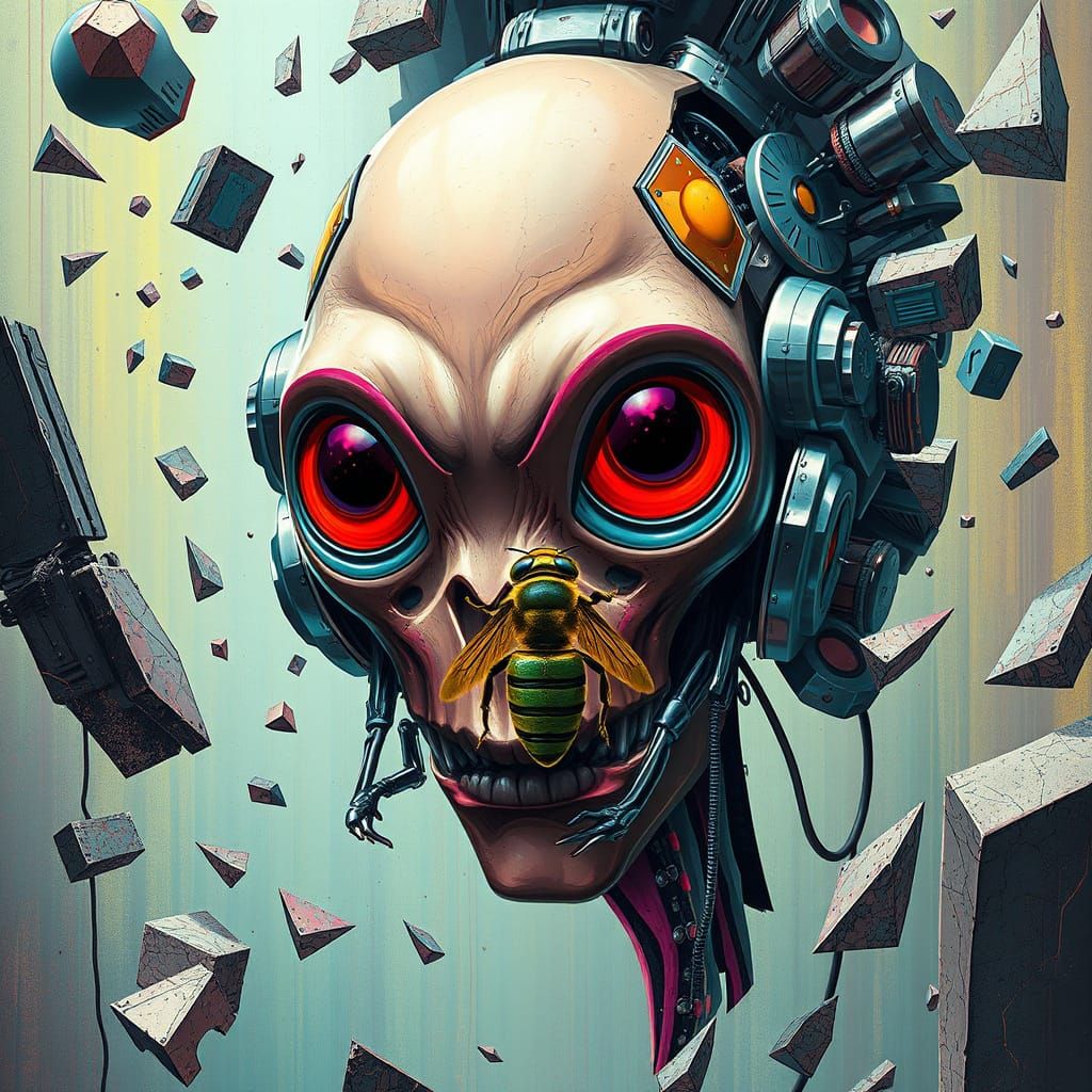 Surreal Cyberpunk Cyborg Face with Bee in Abstract Style