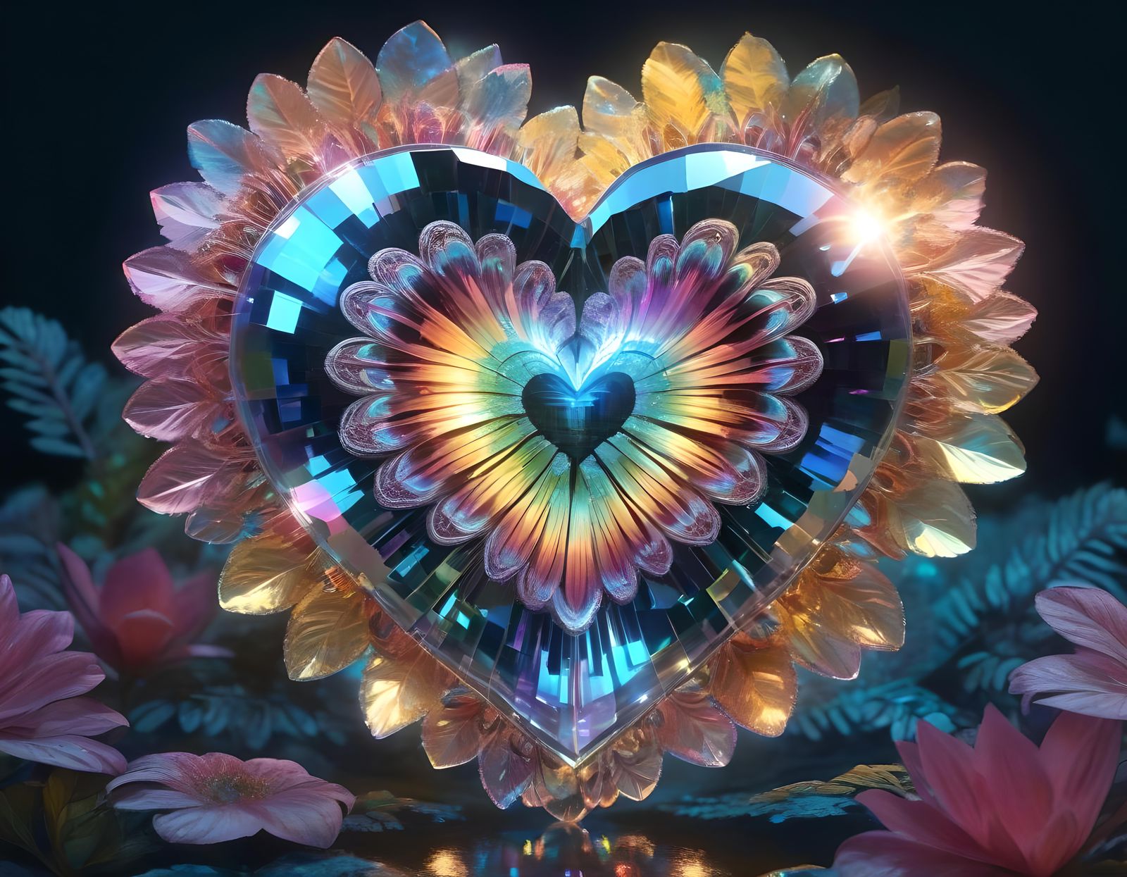 Crystal Heart in Dreamy Landscape: 3D Render