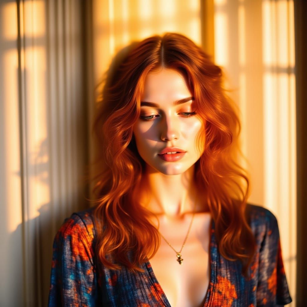Golden Hour Portrait of a Serene Redhead Woman