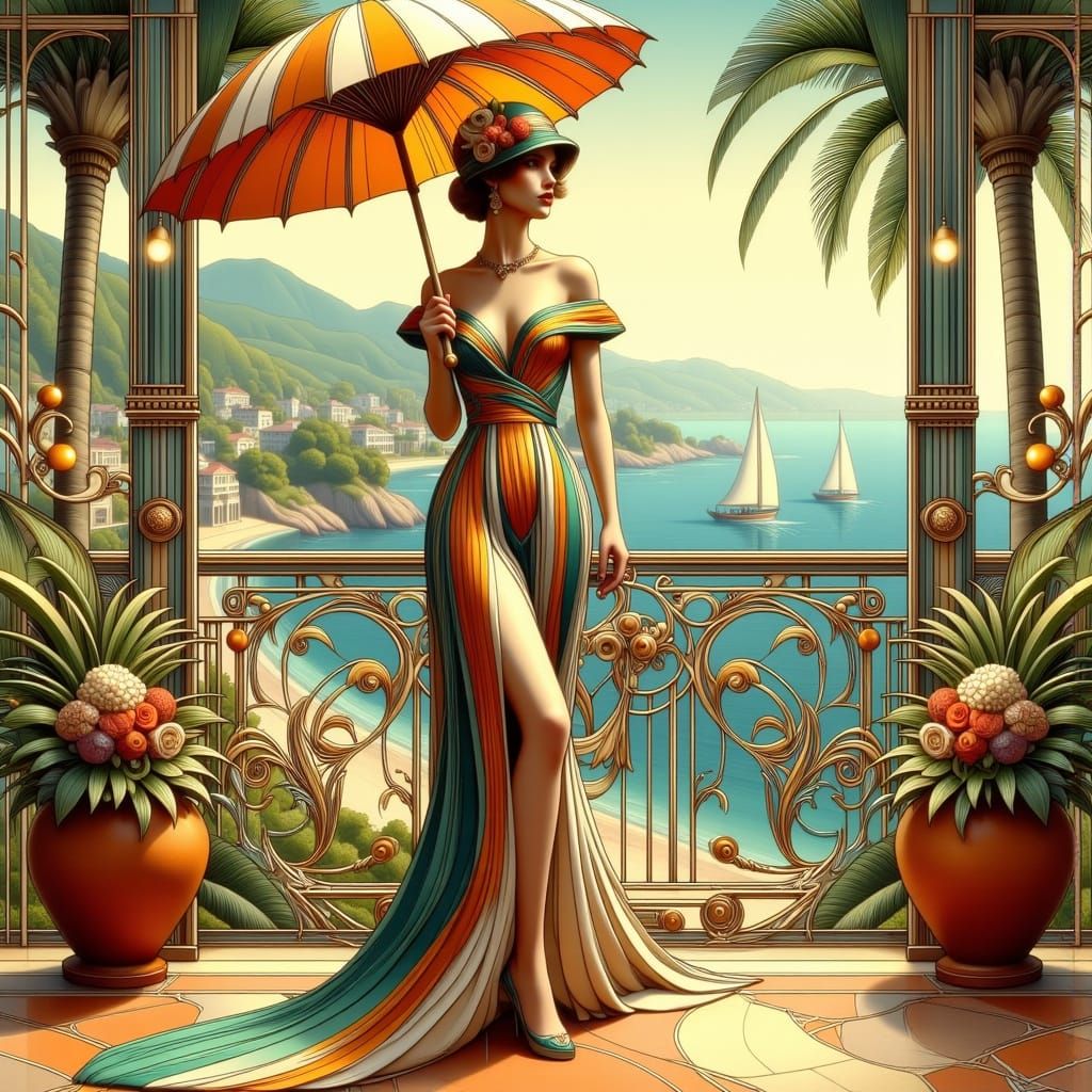 Glamorous Art Deco Woman Basks in Summer Serenity
