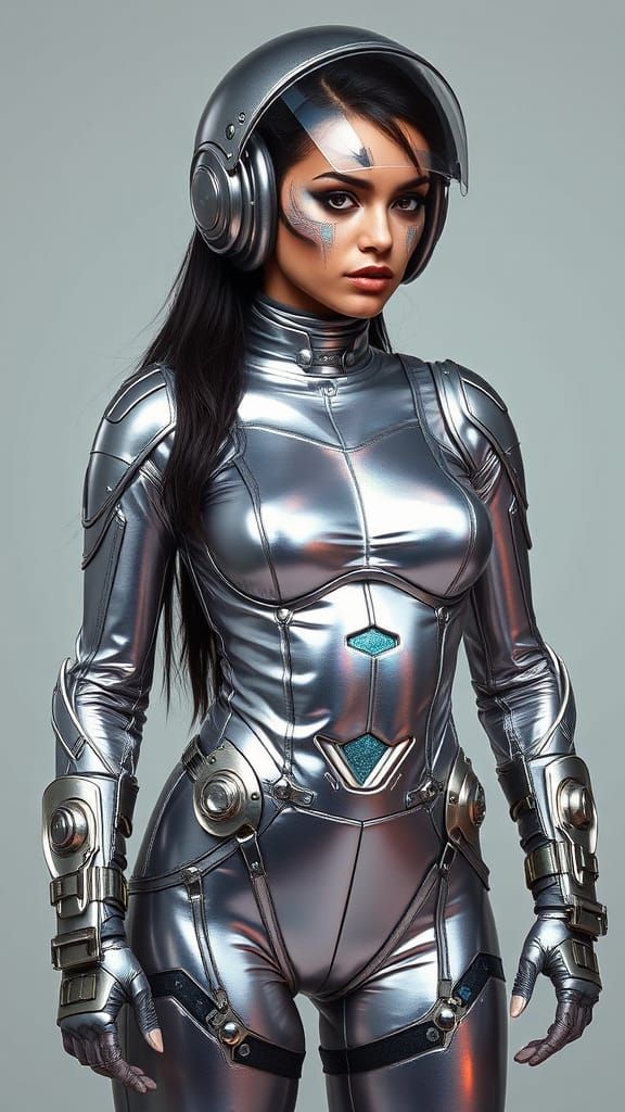 Sleek Space Warrior in Metallic Bodysuit with Iridescent Ref...