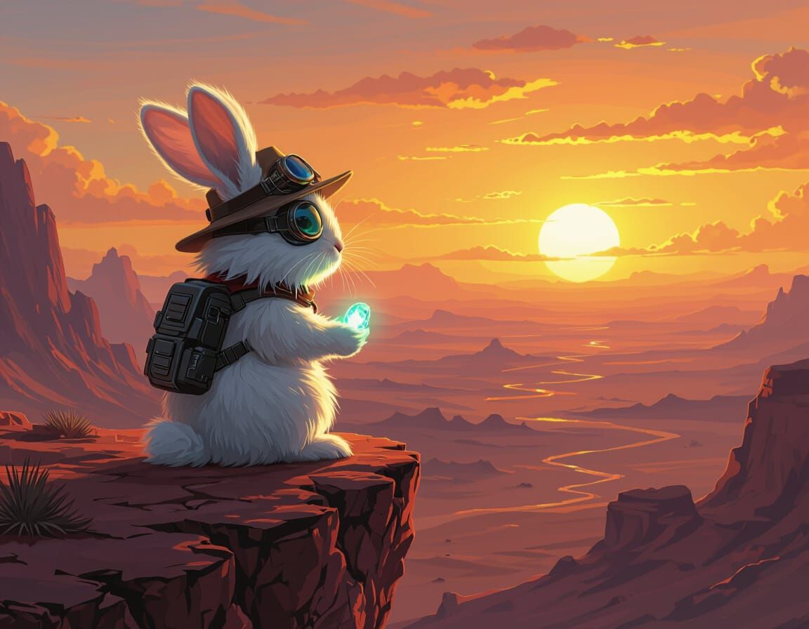 Fluffy Rabbit Explorer on Alien Desert Cliff