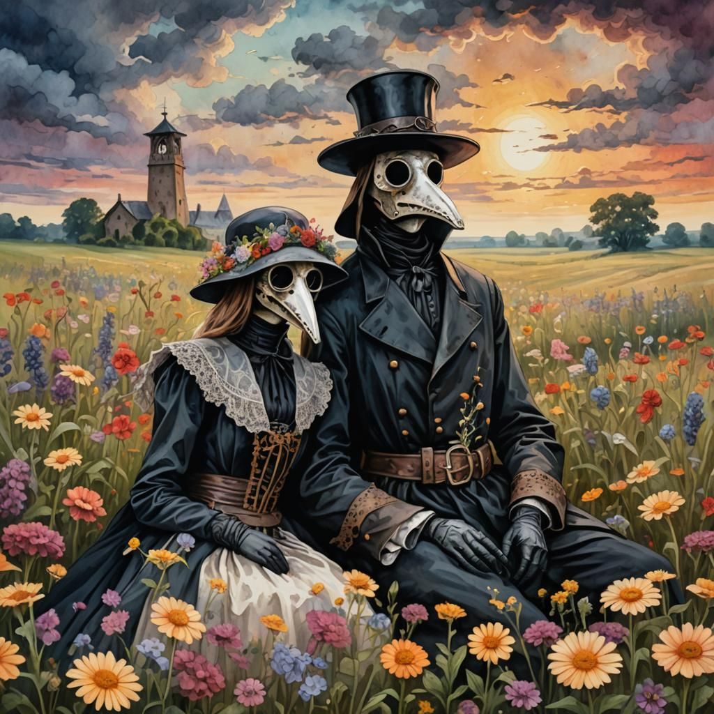 Macabre Plague Doctor Couple in Floral Field