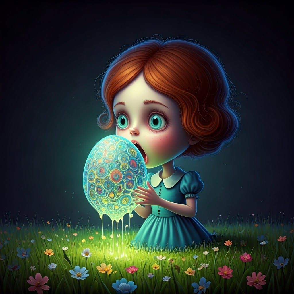 Ethereal Woman Emerges with Glowing Egg amidst Vibrant Sprin...