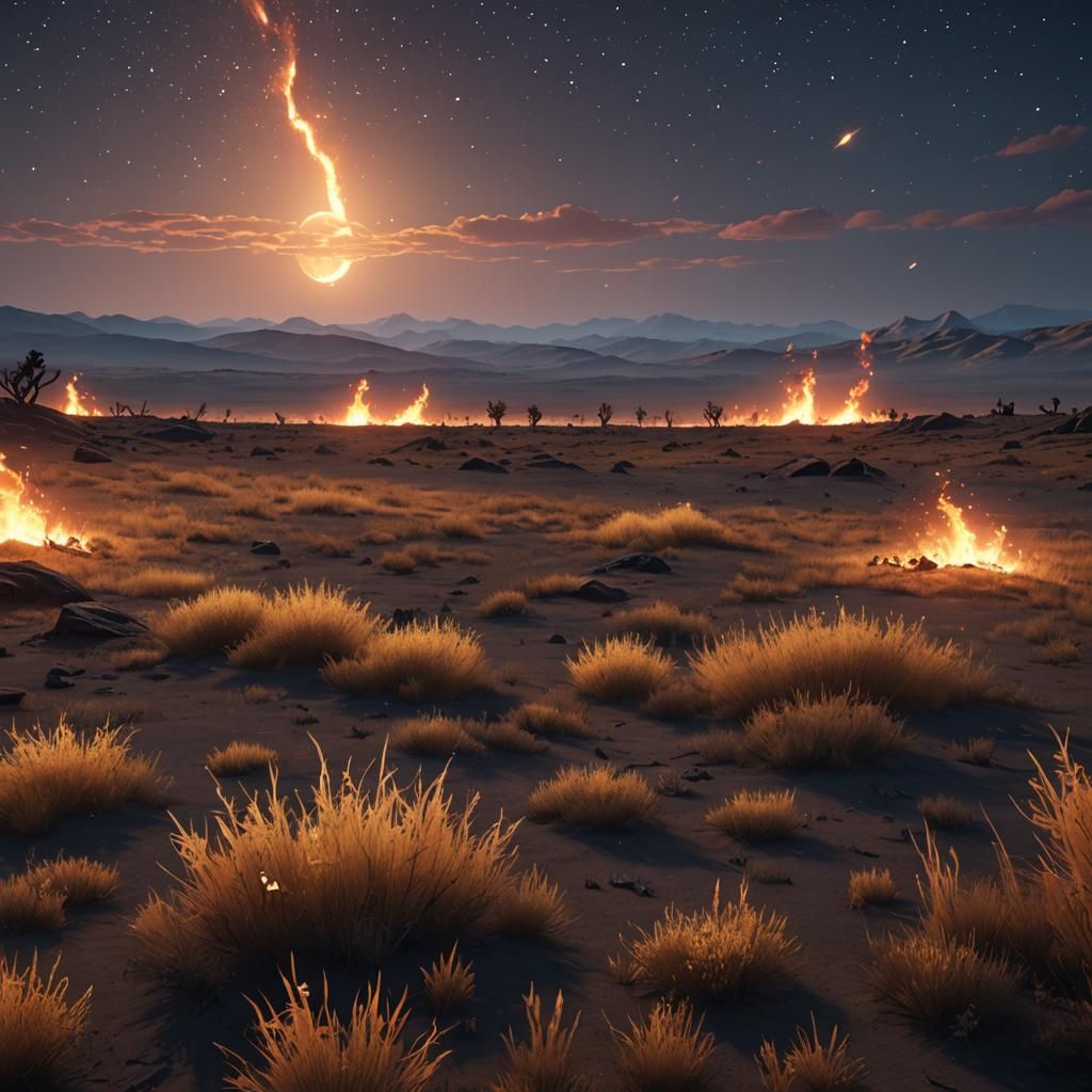 Fire Burns in Steppe Under Starry Night Sky
