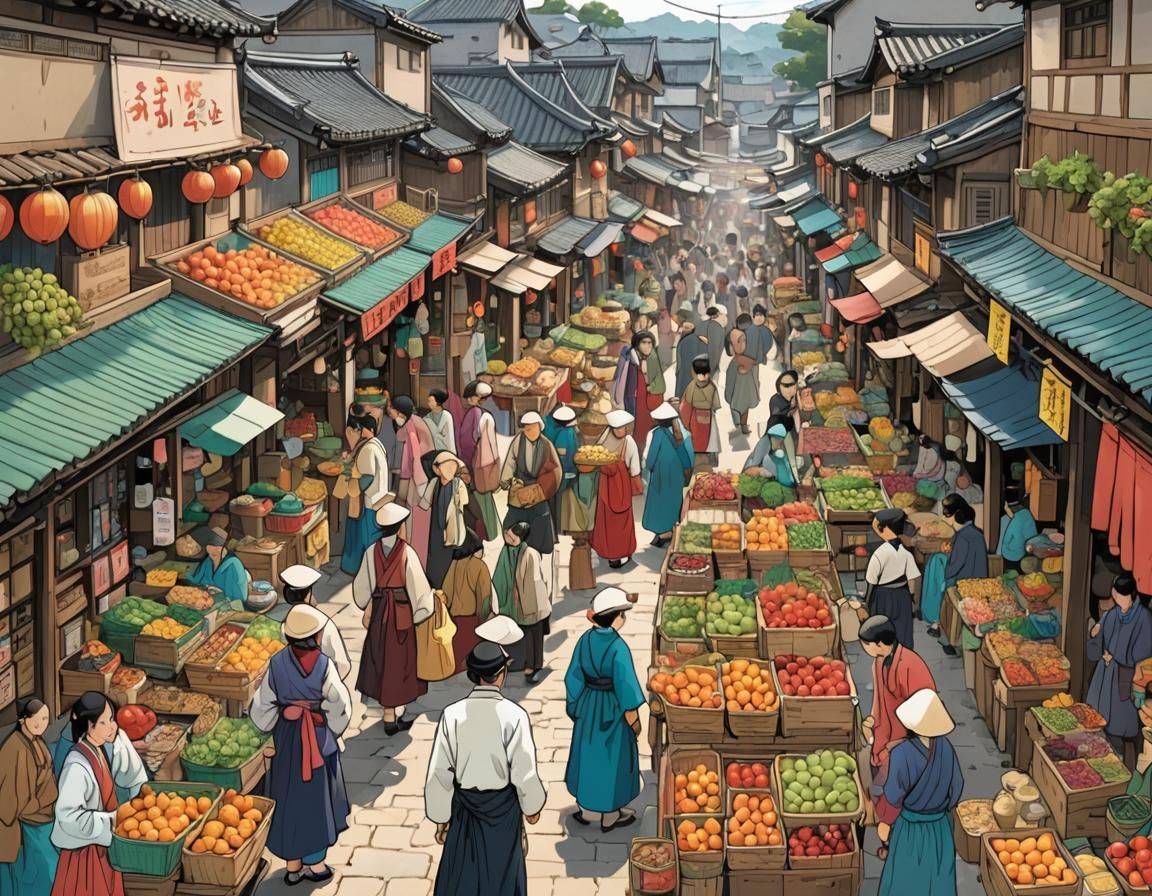 Bustling Village Market in Manhwa Style