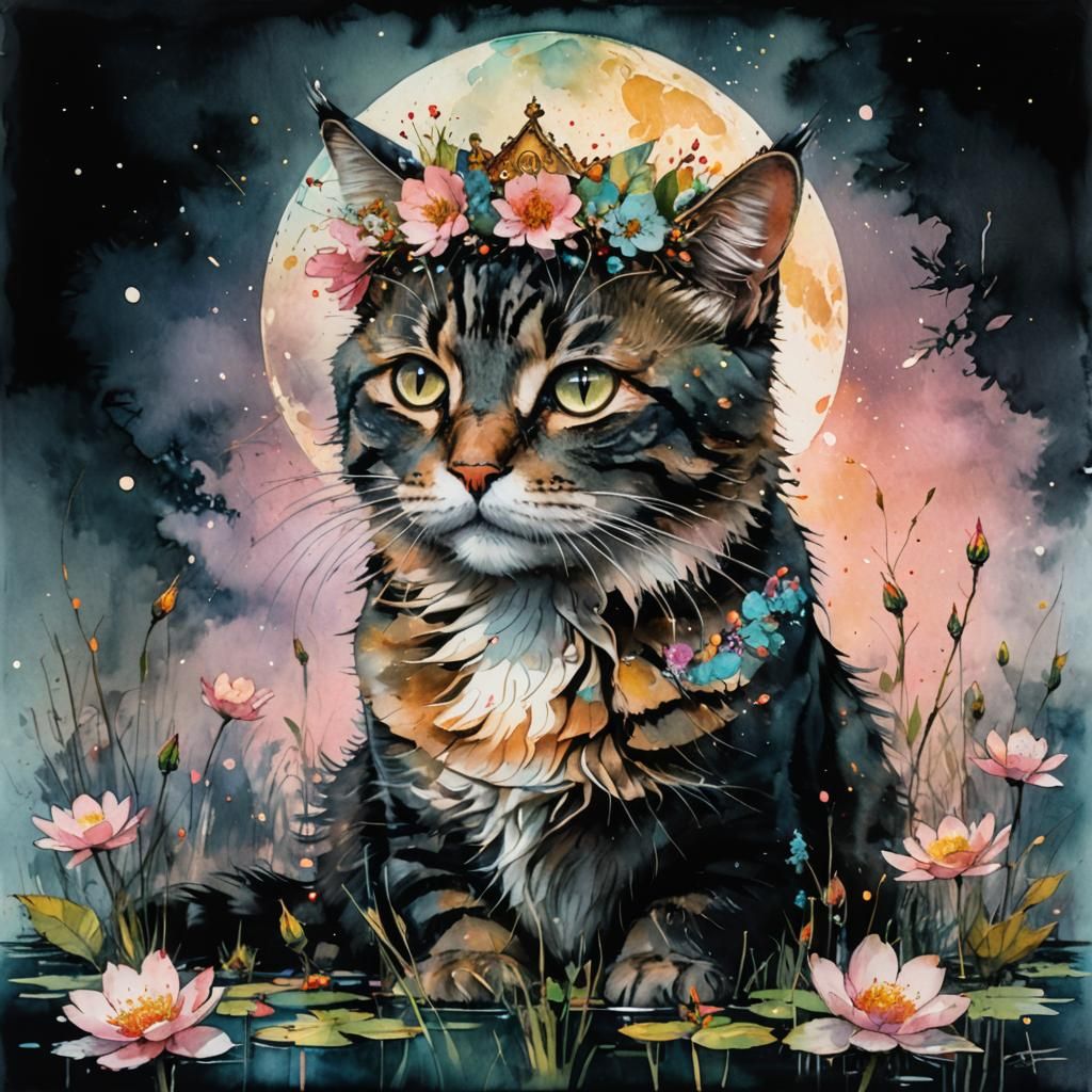 Double Exposure Cat in Autumnal Watercolor Landscape