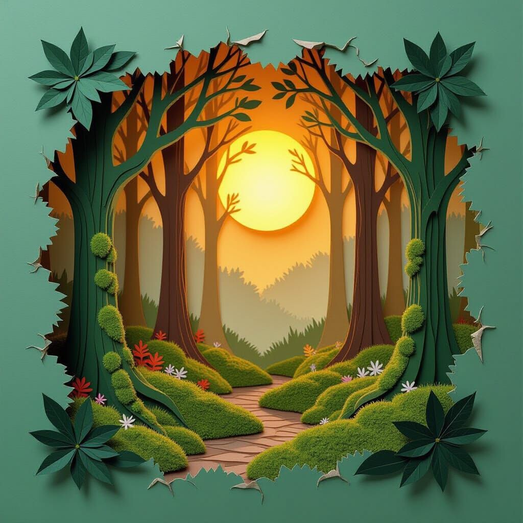 Serene Paper Forest with Glowing Sun: Delicate Paper Art