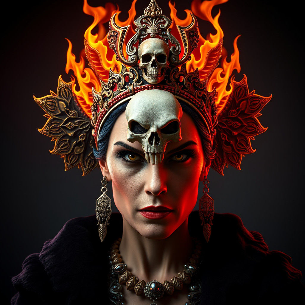 Fierce Queen Portrait with Skull Cross in Art Nouveau Style