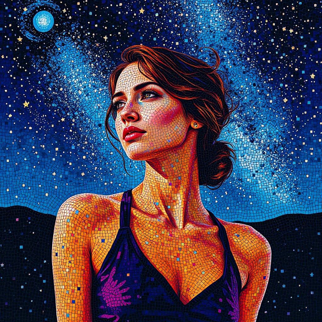 Iridescent Mosaic Woman in Starry Night Sky