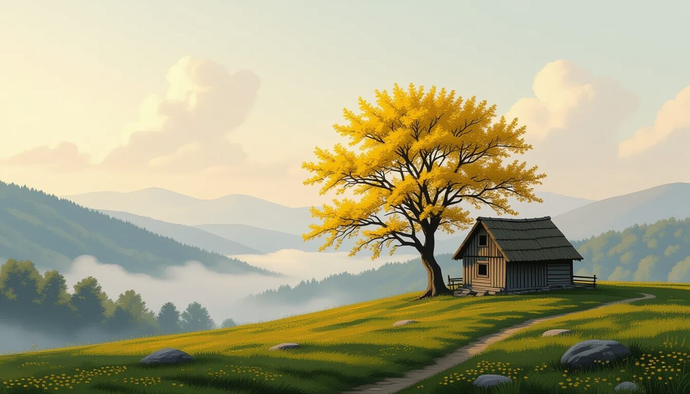 Ancient Yellow Blossom Tree on Windswept Hill