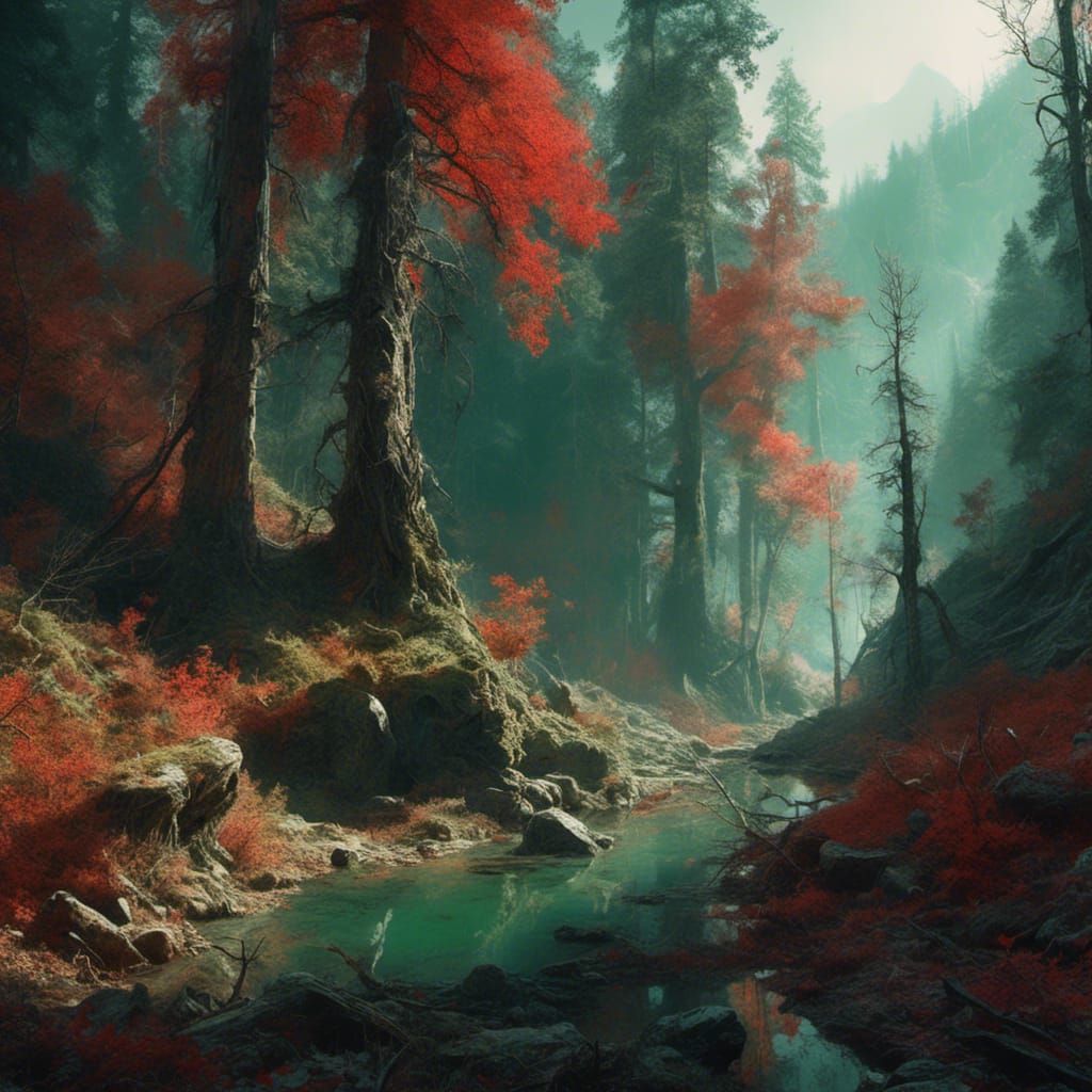 Hyperdetailed Forest and Mountain Landscape in Triadic Color...