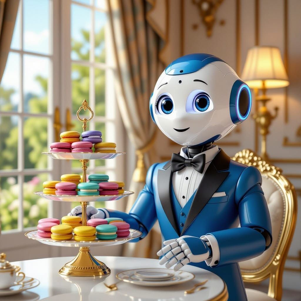 Cute Robot Serves Colorful Macarons in Luxurious Room