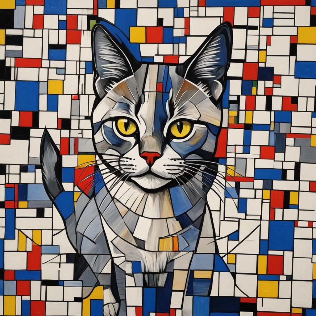 Geometric Feline in Primary Colors