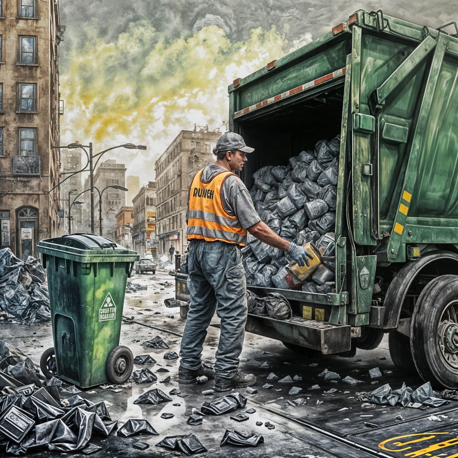 Gritty Charcoal Artwork of a Garbage Truck Driver in Urban M...