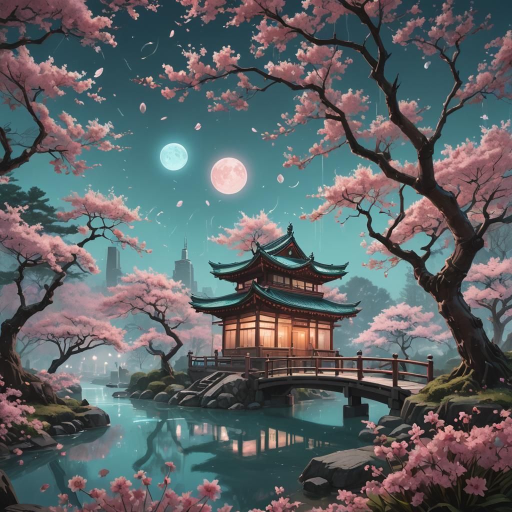Ethereal Cherry Blossoms in Moonlit Japanese Garden