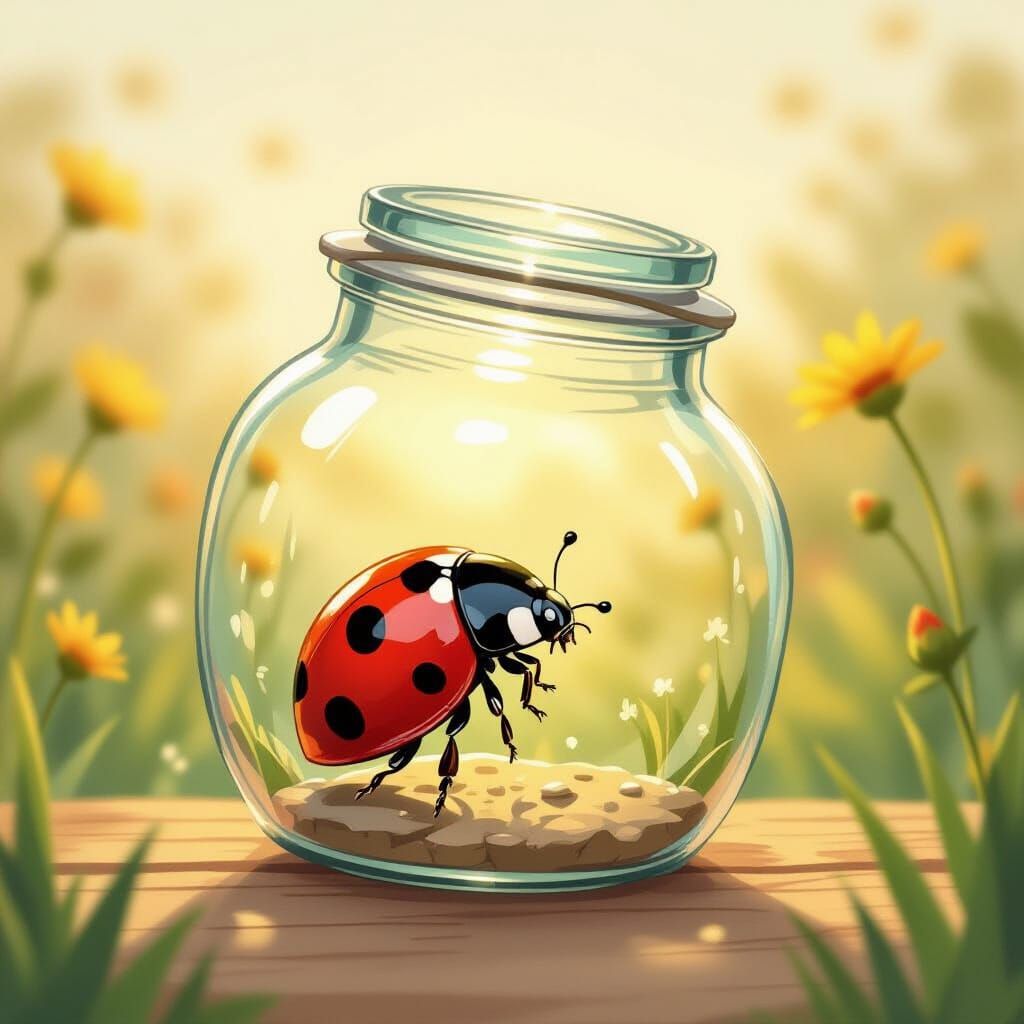 Ladybug Escapes Jar in Whimsical Storybook Style