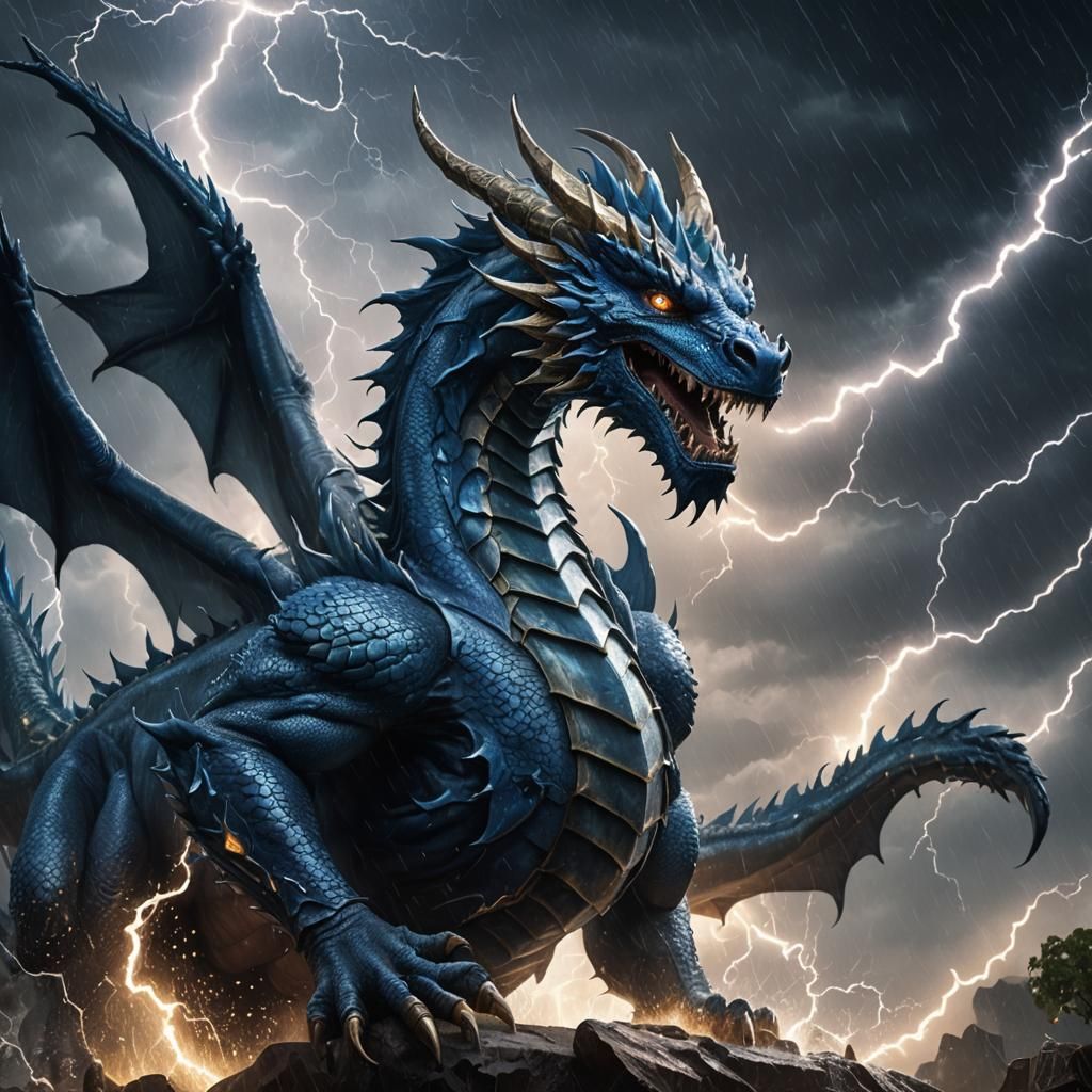 Blue Dragon in Lightning Storm: Fantasy Concept Art