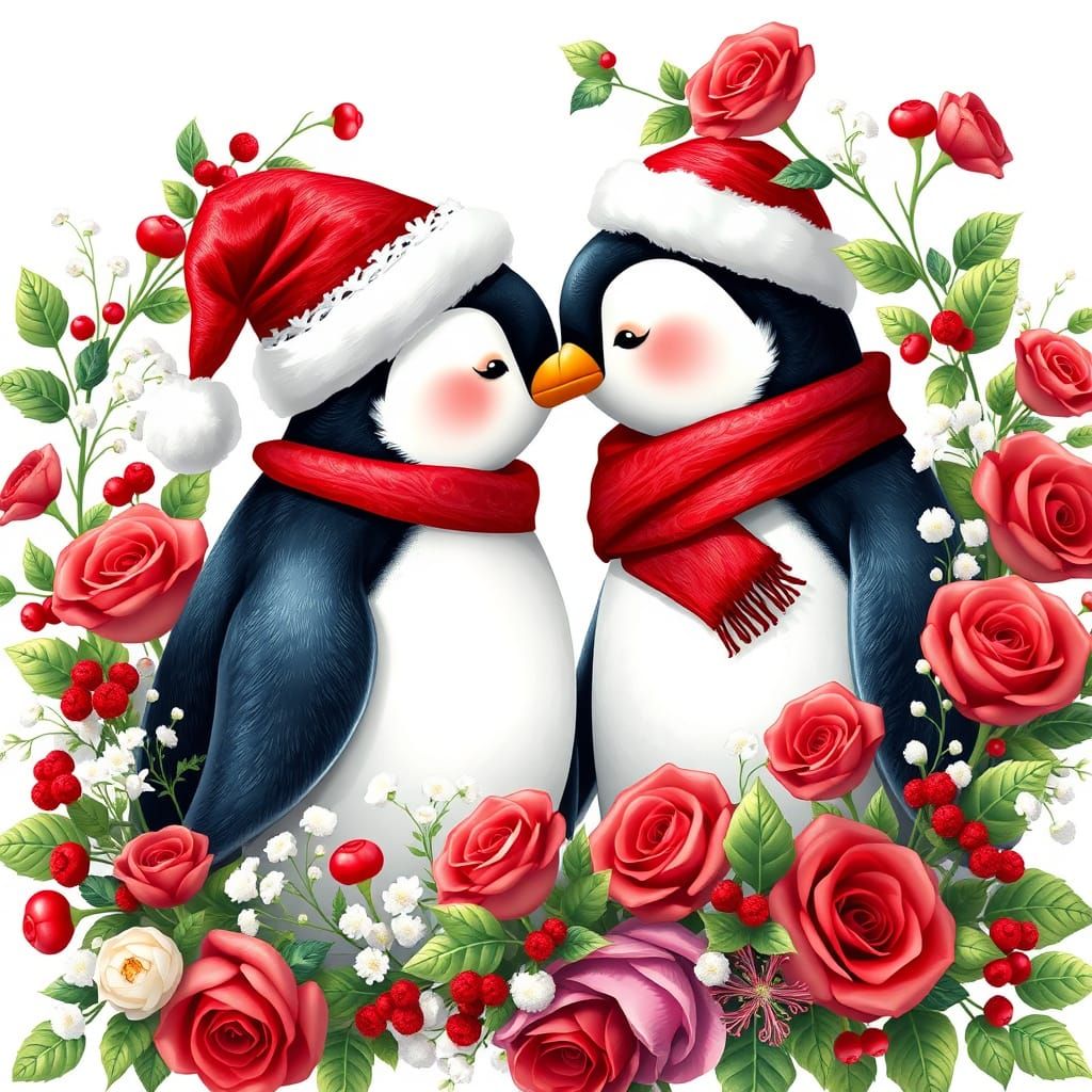 Festive Penguins Kiss Surrounded by Christmas Flowers