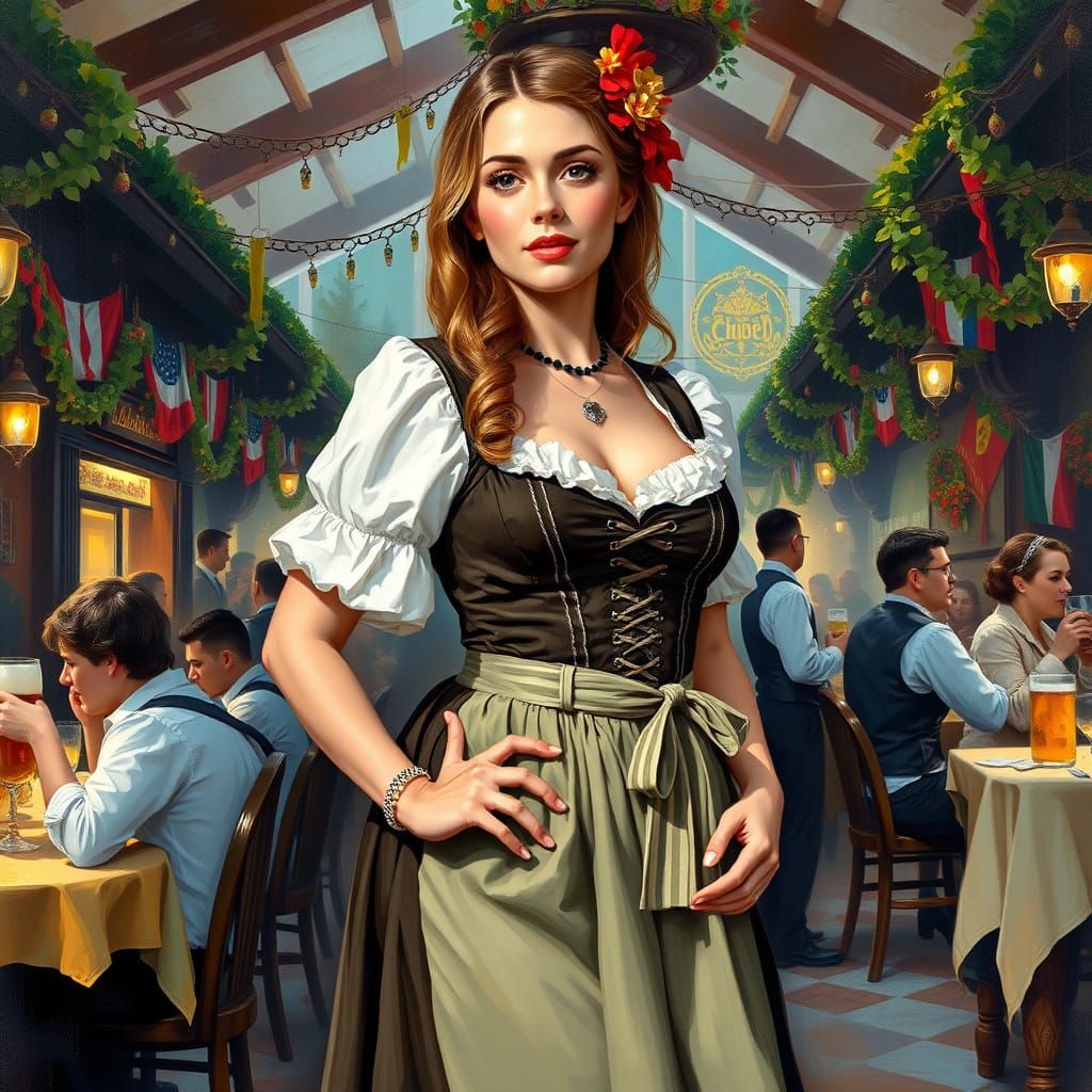 Woman in Dirndl in Bavarian Beer Garden