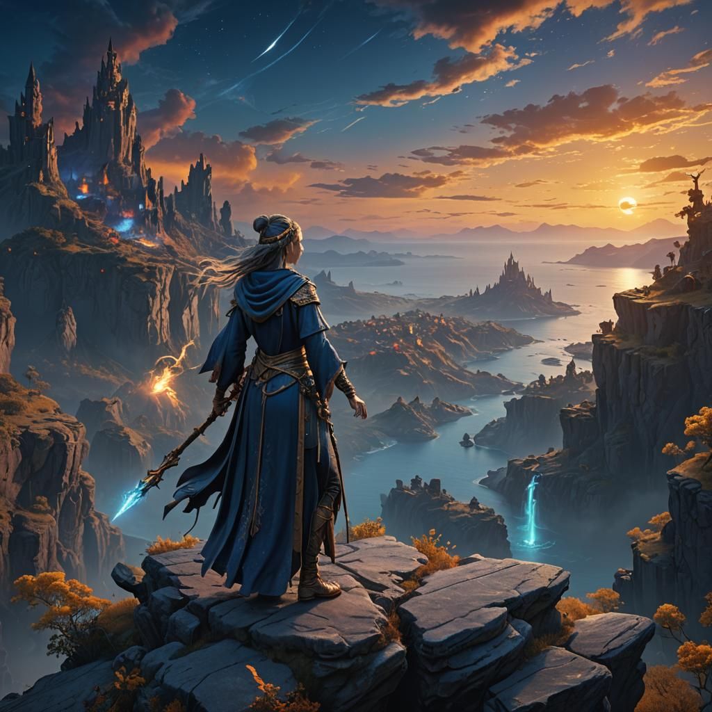 Mystical Sorceress on Cliff: Vibrant Matte Painting