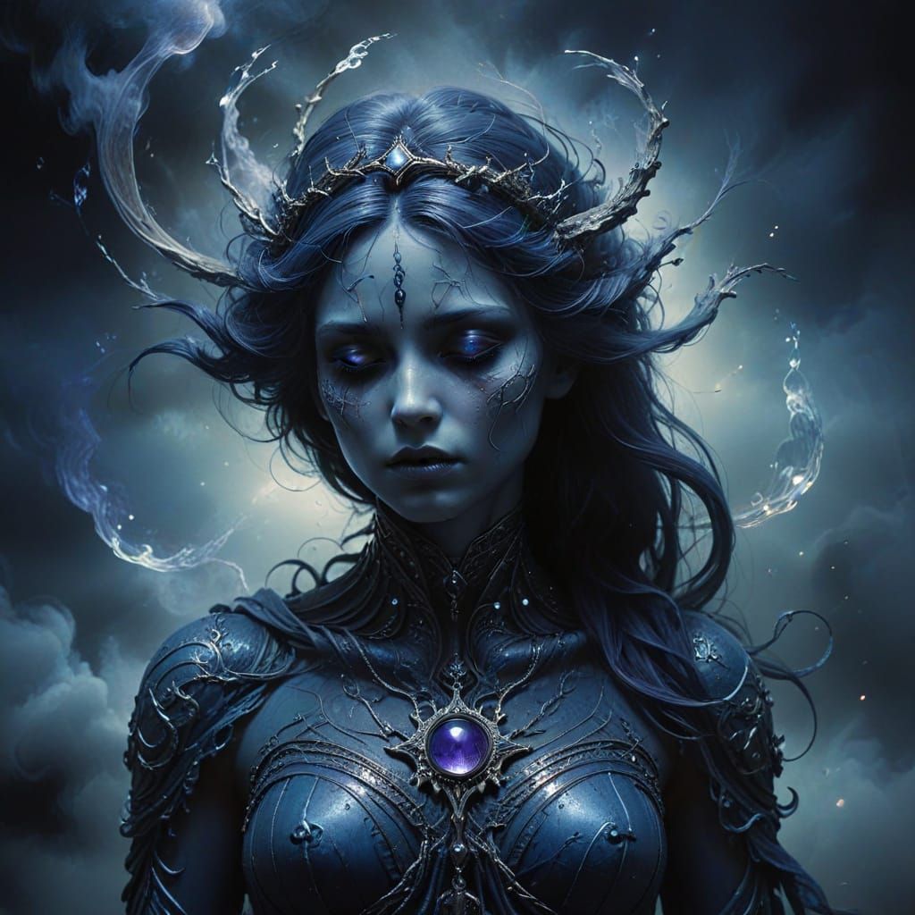 Fallen Saint Dissolving in Cosmic Mist with Violet Eyes