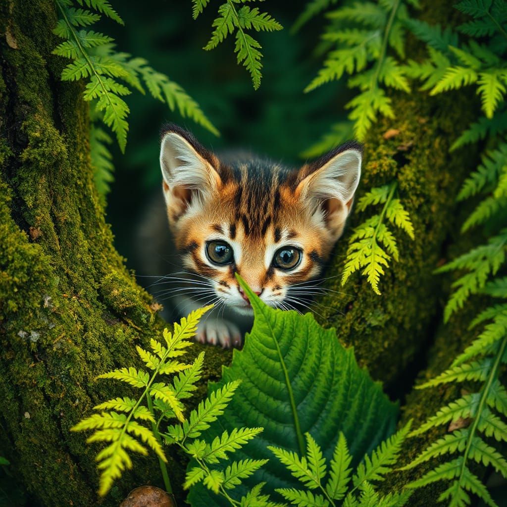 Whiskered Mousekitten in Lush Forest Underbrush
