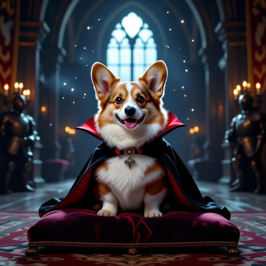 Fluffy Corgi Vampire Sits in Regal Castle Hall