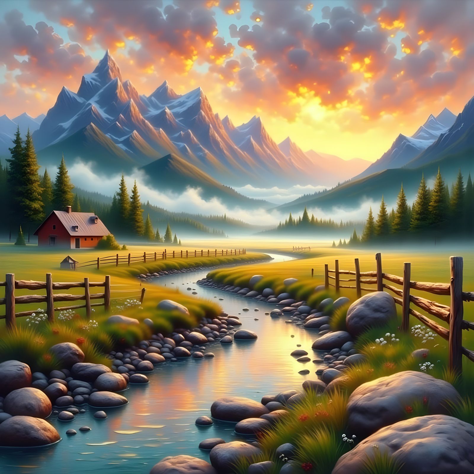 Ethereal Sunrise Landscape with Golden Light