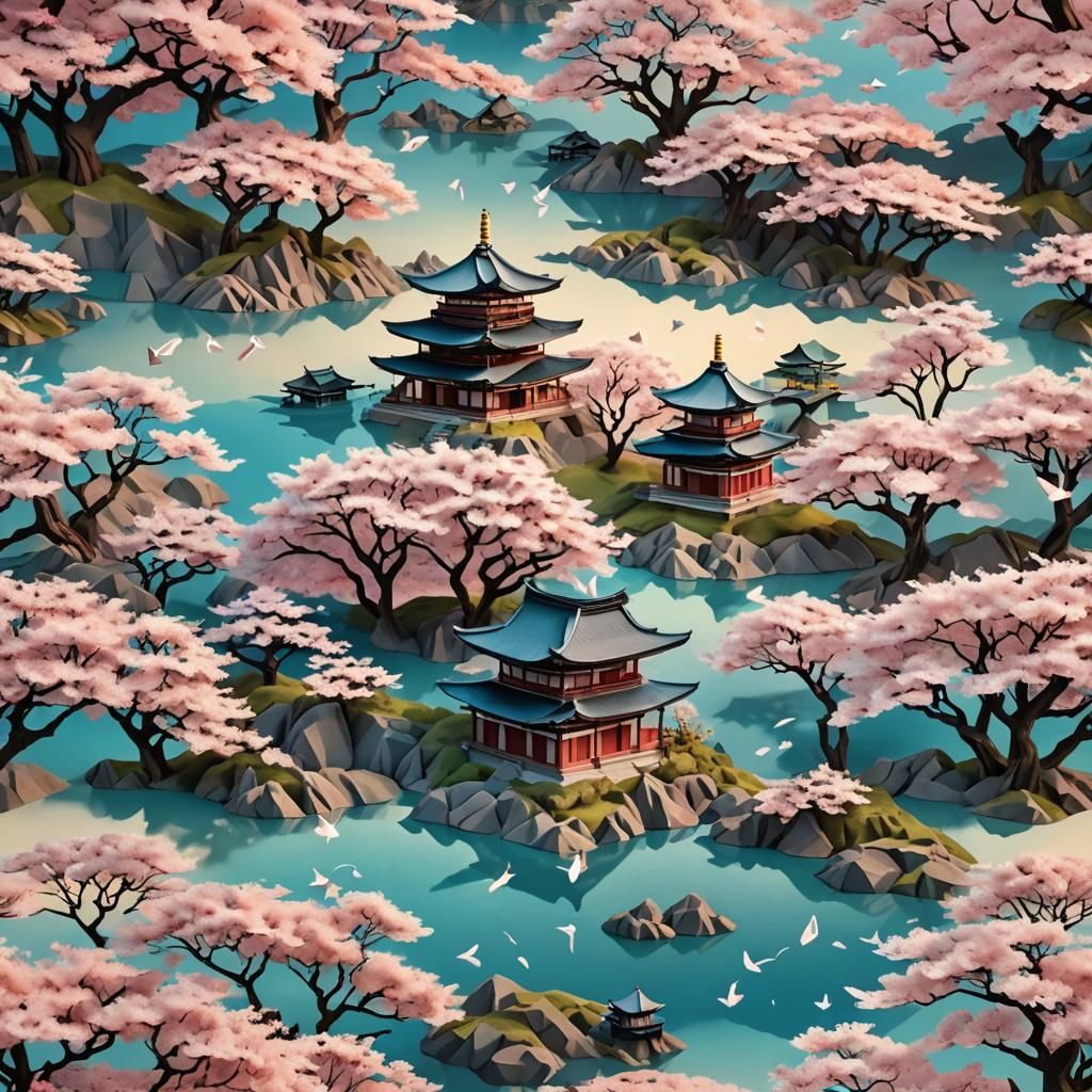 Underwater Japanese Sunset Landscape with Origami Papercraft