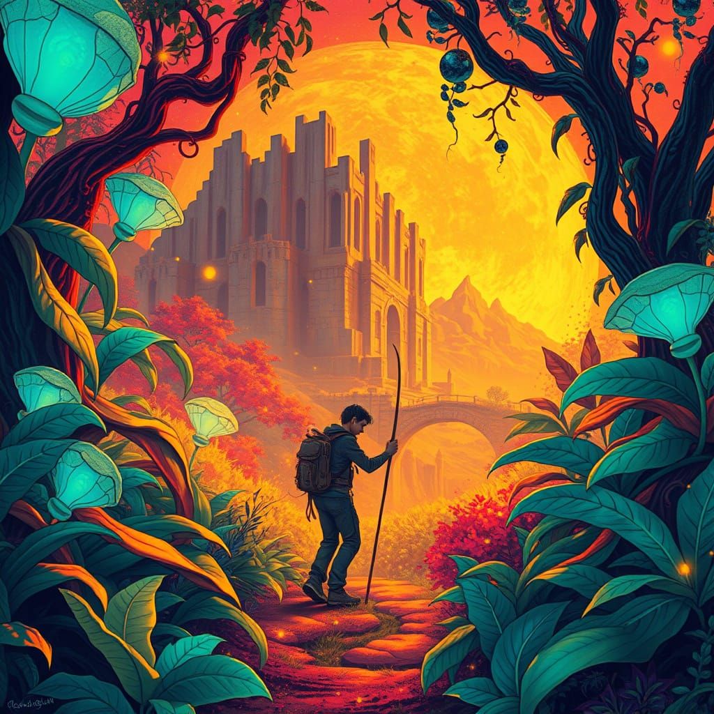 Explorer Discovers Ancient Ruin in Vibrant Psychedelic Fores...