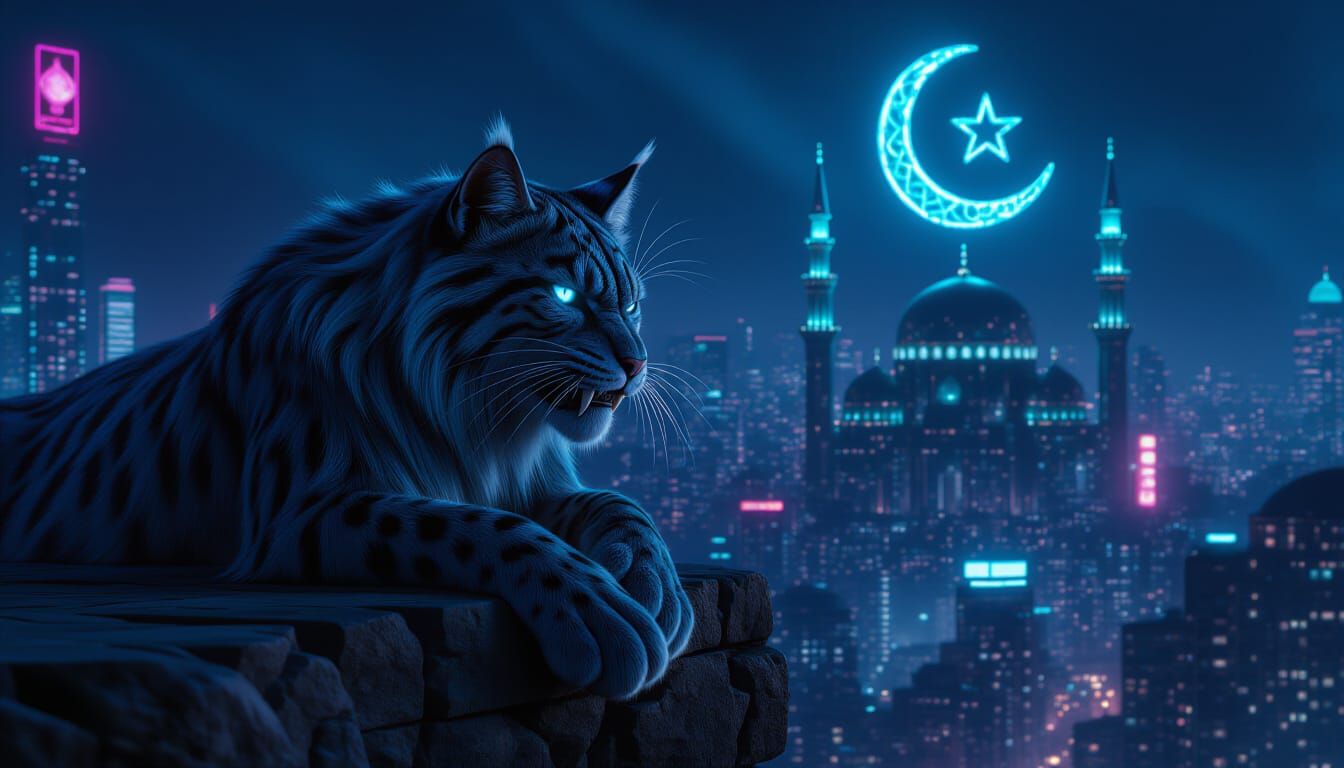 Cyberpunk Sabretooth with Neon Crescent Moon