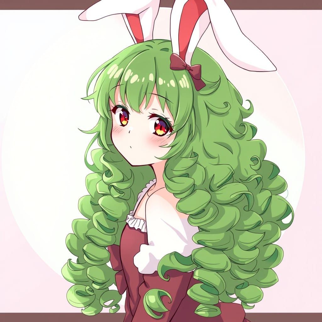 Girl with Vibrant Green Hair and Rabbit Ears in Anime Style