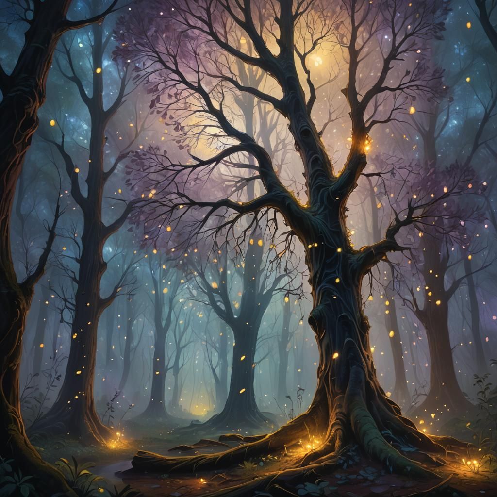 Glowing Fireflies in Misty Forest, Oil Painting
