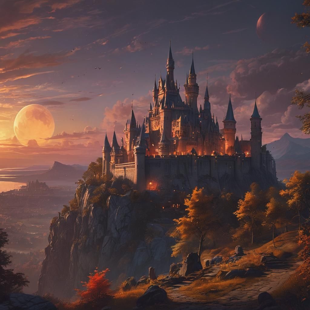 Majestic Castle Under Two Moons: Digital Art