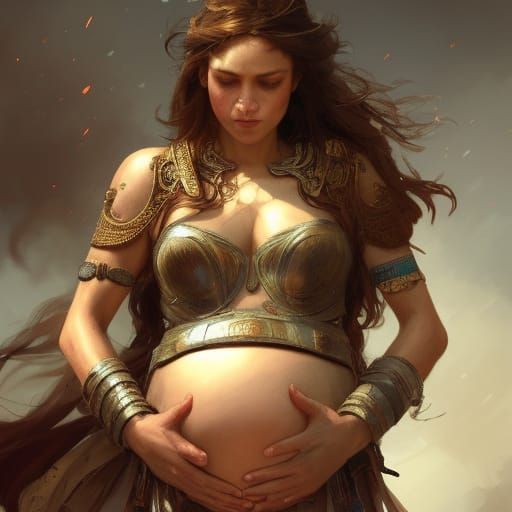 Pregnant Warrior in Battle: Hyperdetailed Digital Portrait