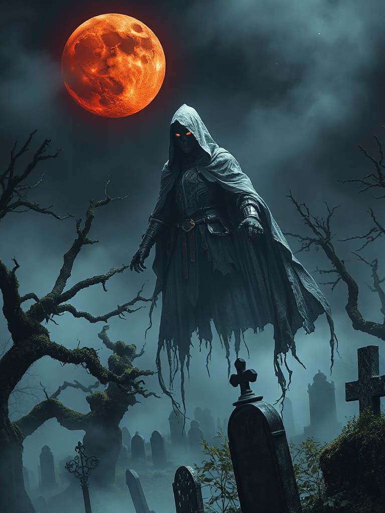 Ghostly Knight Spectre over Ancient Cemetery in Gothic Style