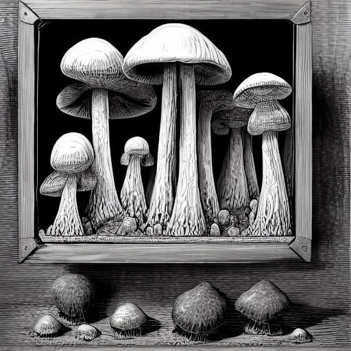 Giant Mushrooms in Glass Case: Linocut 3D Art