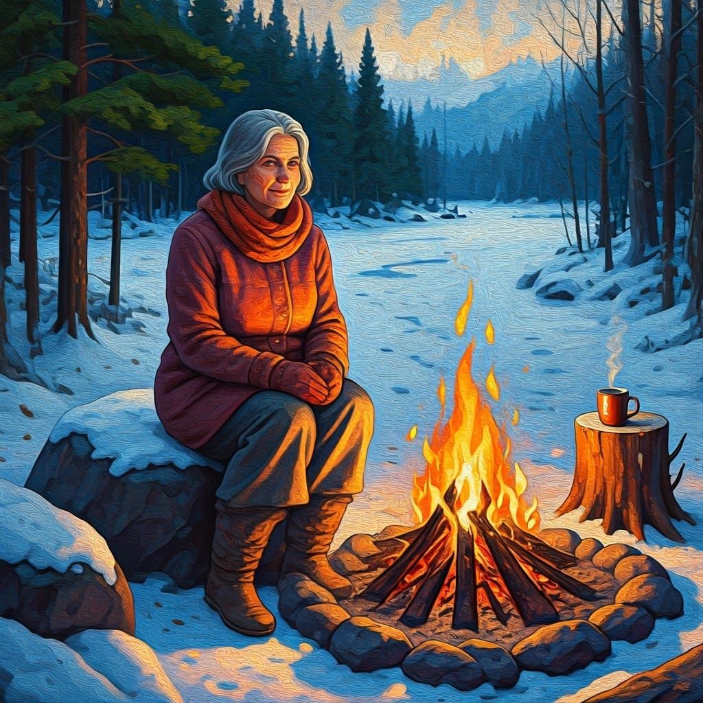 Cozy Winter Campfire Scene as Impasto Painting
