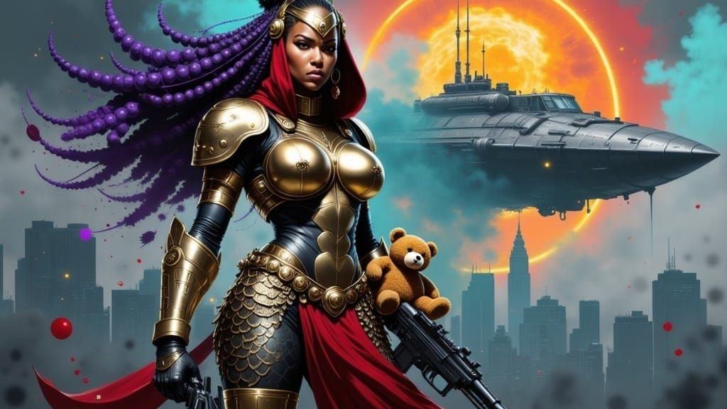 Steampunk Heroine in Brooklyn with Laser Gun