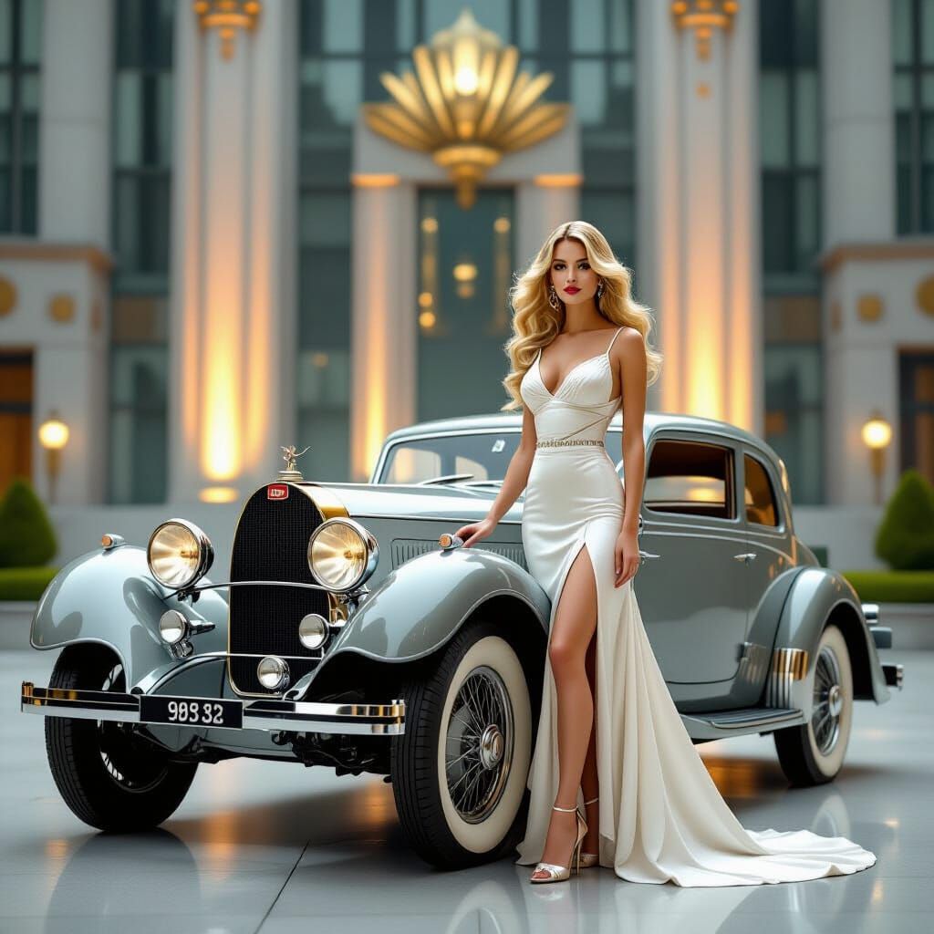 Elegant Woman Beside 1930s Bugatti in Art Deco Setting