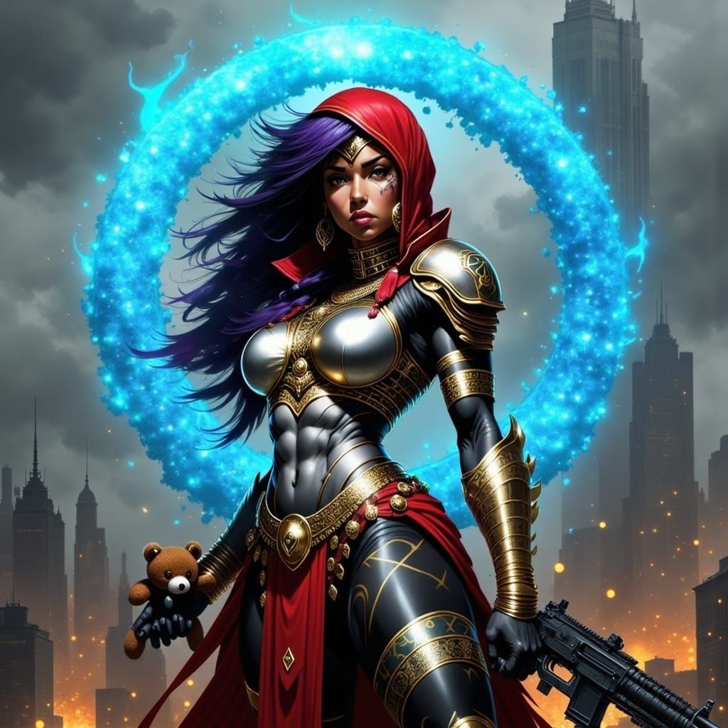 Steampunk Heroine with Laser Gun and Teddy Bear