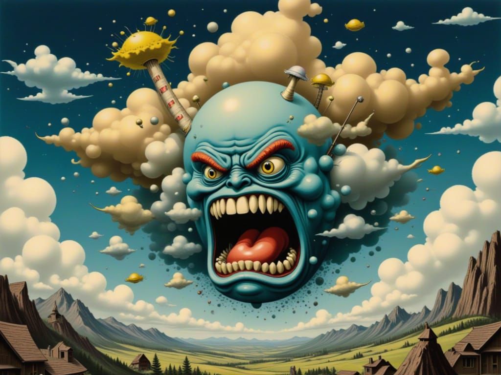 Grumpy Cloud Face Yelling in Dramatic Art Style