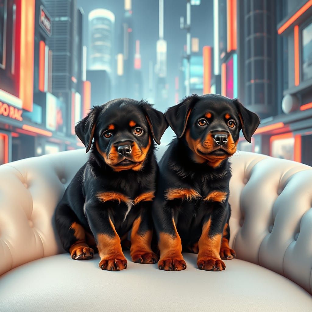 2 realistic Rottweiler puppies sitting on a fluffy white cou...