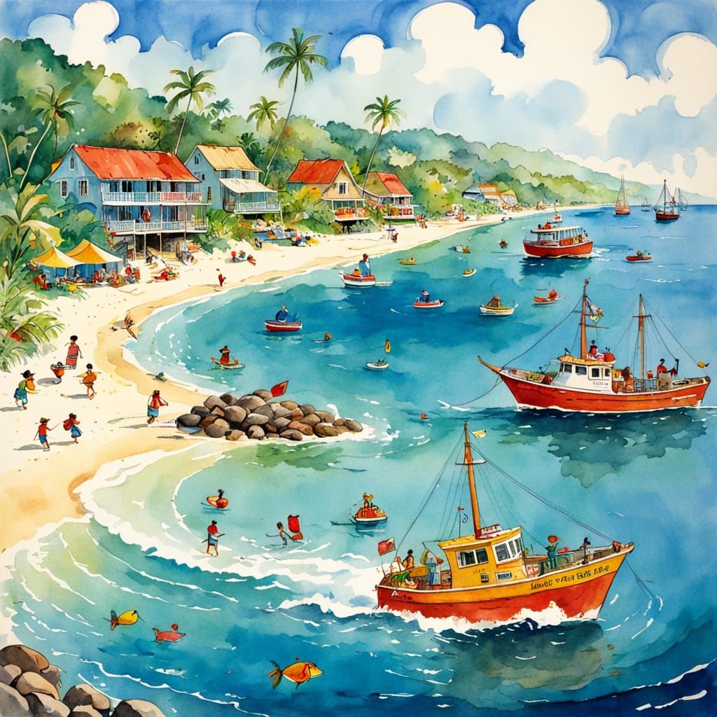Charming Caribbean Beach in Watercolor Style