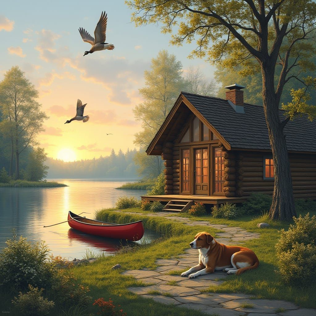 Idyllic Lakeside Cabin in Summer Morning Light