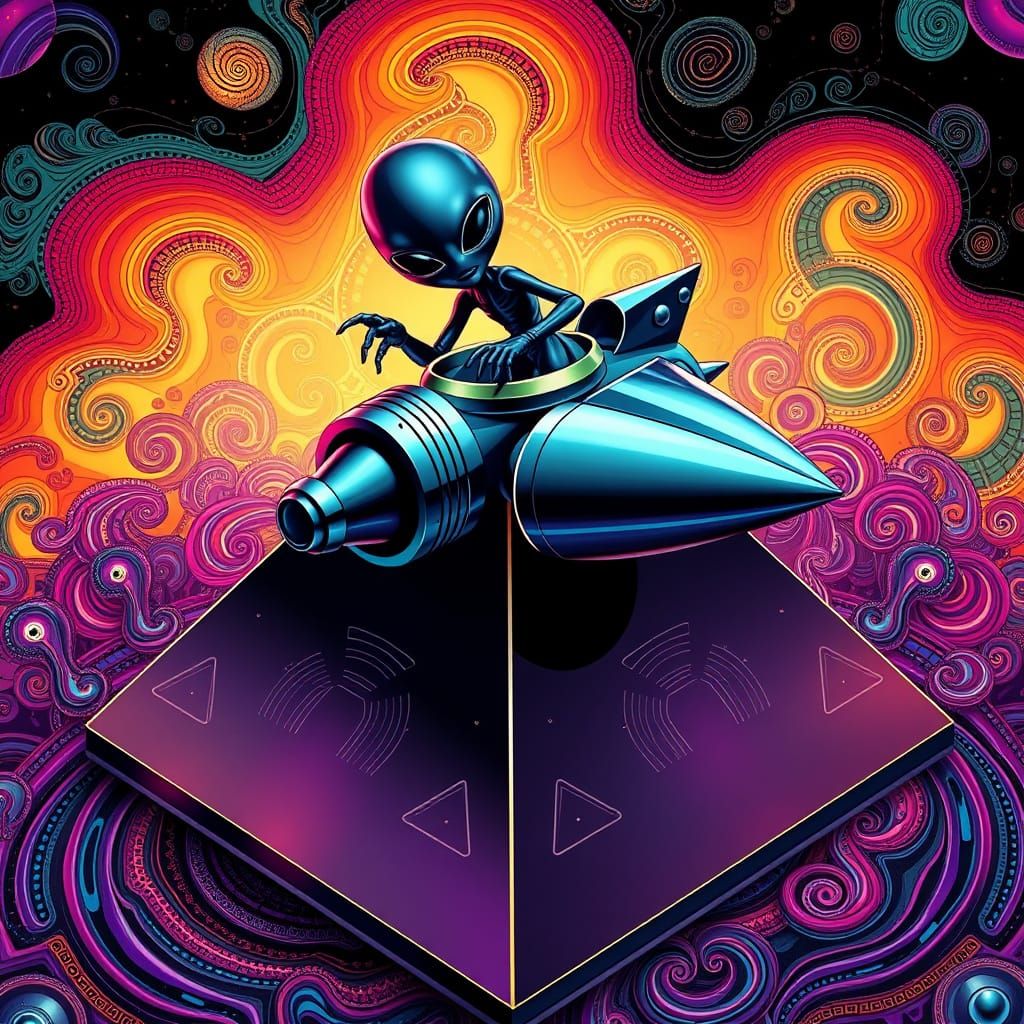 Alien Piloting Rocket Ship with Zentangle Patterns