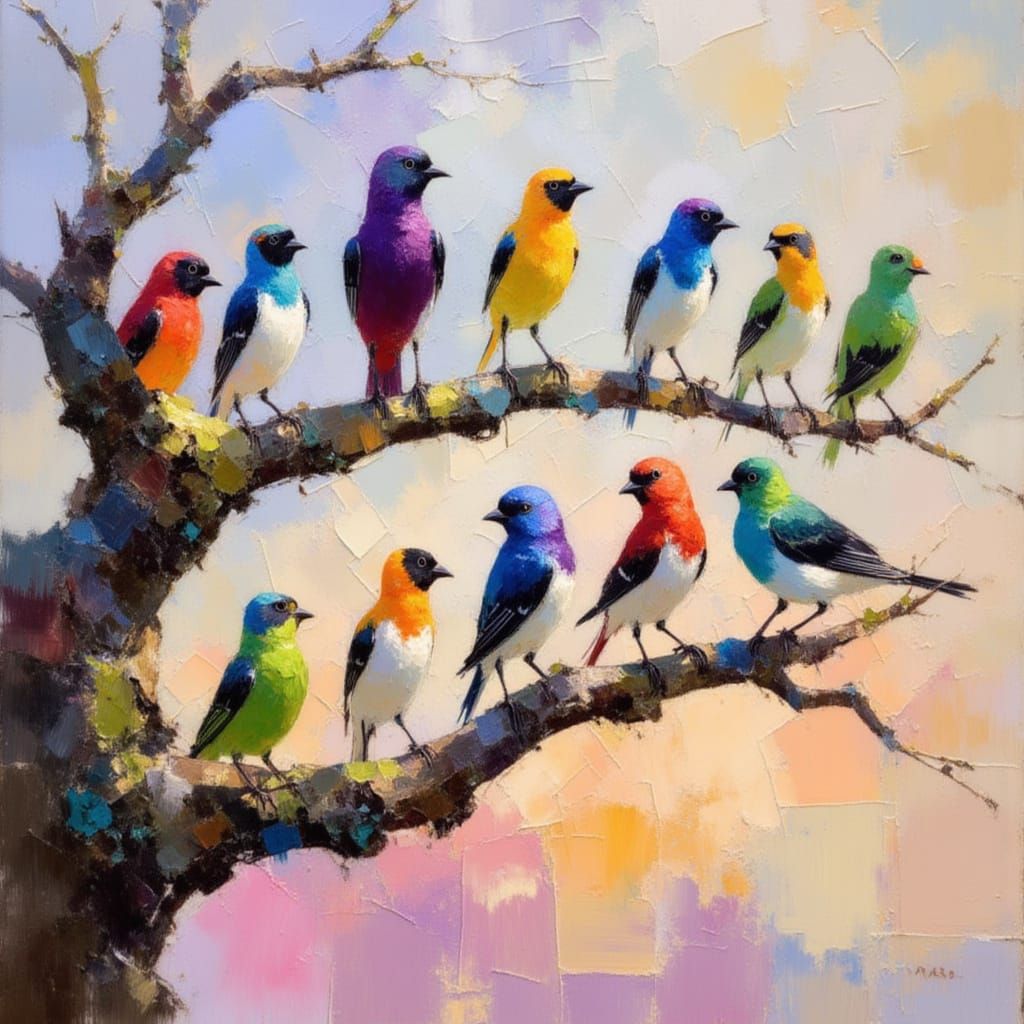 Whimsical Birds on Branch in Impressionist Style