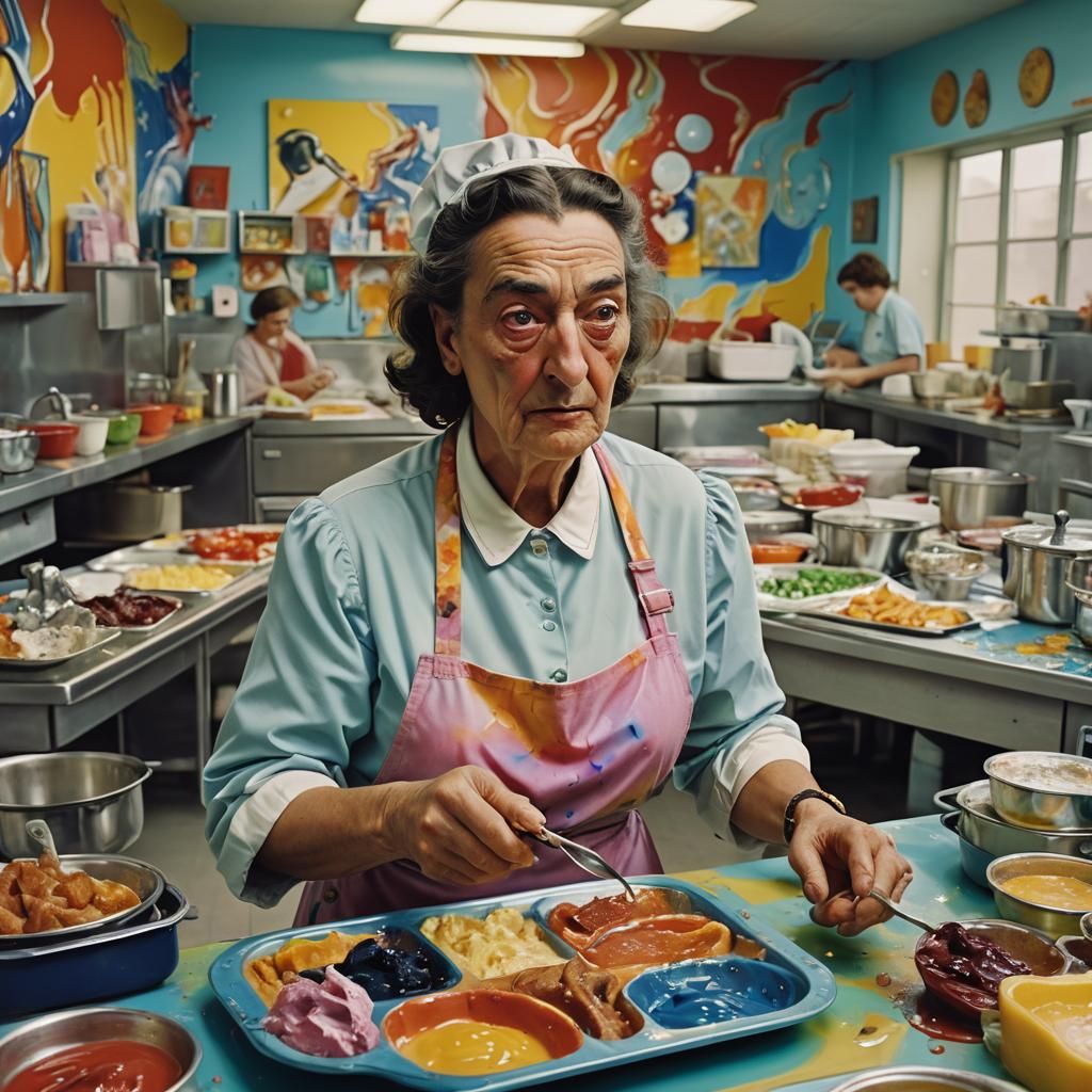 Surreal Lunch Lady in Dreamlike Cafeteria